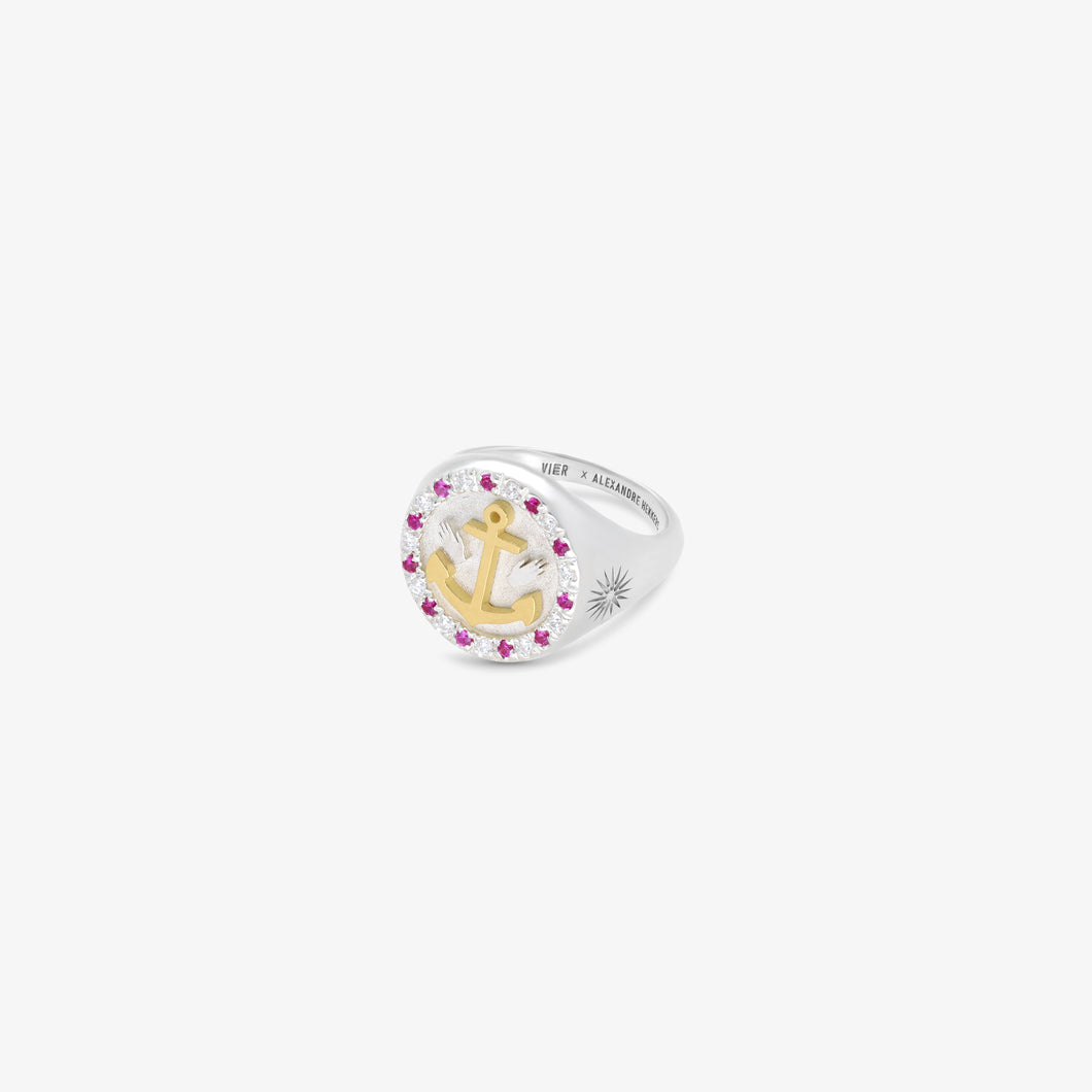 Ring Anchor - silver 925, gold 18 carats, zirconium & synthetic rubies
